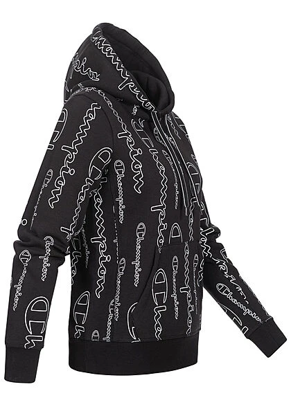 Champion Damen Hoodie Kängurutasche Kapuze Allover Logo Print Schwarz 4 Champion Damen Hoodie Kängurutasche Kapuze Allover Logo Print Schwarz – Bild 2