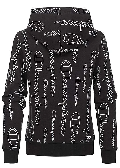 Champion Damen Hoodie Kängurutasche Kapuze Allover Logo Print Schwarz 5 Champion Damen Hoodie Kängurutasche Kapuze Allover Logo Print Schwarz – Bild 3