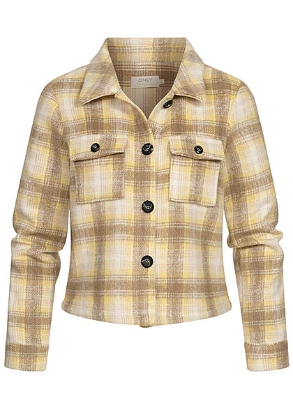 ONLY Damen NOOS Kurze Wolljacke Knopfleiste Karo Muster Sunshine Gelb 3 ONLY Damen NOOS Kurze Wolljacke Knopfleiste Karo Muster Sunshine Gelb