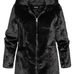 ONLY Damen Kunstfelljacke Mit Kapuze & 2 Offenen Fronttaschen Schwarz