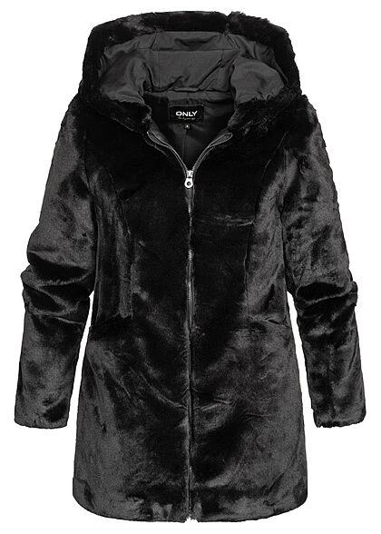 ONLY Damen Kunstfelljacke Mit Kapuze & 2 Offenen Fronttaschen Schwarz 3 ONLY Damen Kunstfelljacke Mit Kapuze & 2 Offenen Fronttaschen Schwarz
