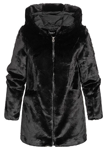 ONLY Damen Kunstfelljacke Mit Kapuze & 2 Offenen Fronttaschen Schwarz 4 ONLY Damen Kunstfelljacke Mit Kapuze & 2 Offenen Fronttaschen Schwarz – Bild 2