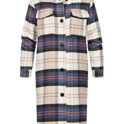 JACQUELINE DE YONG JDY By ONLY Damen Longform Shacket Hemdjacke Karo Muster 2 Brusttaschen Nomad Beige