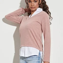 Styleboom Fashion Damen Pullover Mit V-Neck Bluseneinsatz Rose Weiss