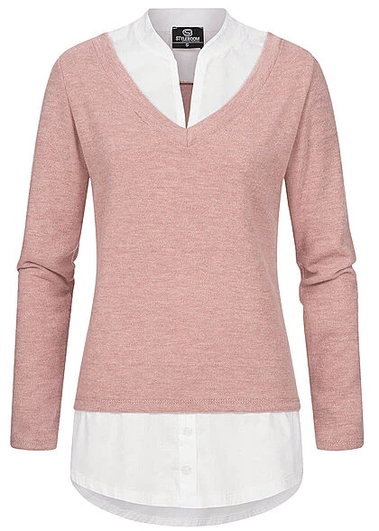 Styleboom Fashion Damen Pullover Mit V-Neck Bluseneinsatz Rose Weiss 4 Styleboom Fashion Damen Pullover Mit V-Neck Bluseneinsatz Rose Weiss – Bild 2