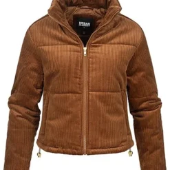Urban Classics Damen Kurze Cord Puffer Jacke 2-Pockets Stehkragen Toffee Braun