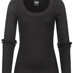 Urban Classics Damen Ribbed Longsleeve Pullover Mit Weitem Ausschnitt Schwarz