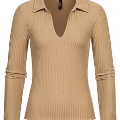 ONLY Damen Ribbed V-Neck Longsleeve Pullover Mit Frilldetails Toasted Coconut