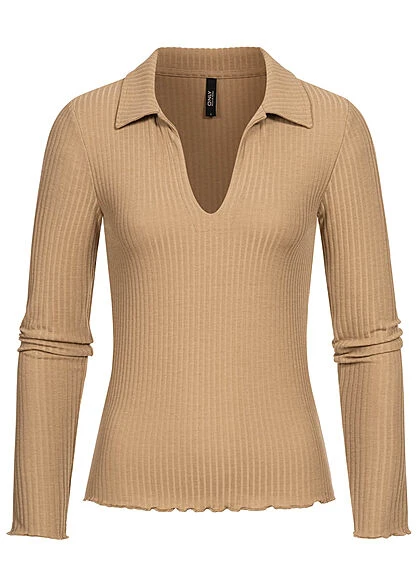 ONLY Damen Ribbed V-Neck Longsleeve Pullover Mit Frilldetails Toasted Coconut 3 ONLY Damen Ribbed V-Neck Longsleeve Pullover Mit Frilldetails Toasted Coconut