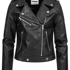 Noisy May Damen NOOS Biker Jacke In Lederoptik 2-Pockets Mit Zipper Schwarz