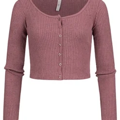 Hailys Damen Langarmshirt Mit Knopfleiste Und Rippoptik Rose Braun