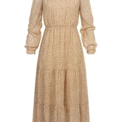 Hailys Damen Maxi Kleid Langarm Volant Details Leo Muster Beige