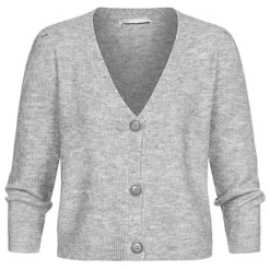 ONLY Damen V-Neck Strickcardigan Mit Knopfleiste & Puffärmel Hell Grau Melange