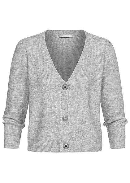 ONLY Damen V-Neck Strickcardigan Mit Knopfleiste & Puffärmel Hell Grau Melange 3 ONLY Damen V-Neck Strickcardigan Mit Knopfleiste & Puffärmel Hell Grau Melange