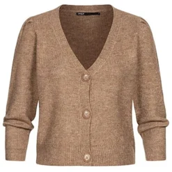 ONLY Damen V-Neck Strickcardigan Mit Knopfleiste & Puffärmel Toasted Coconut