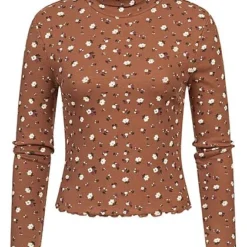 ONLY Damen Kurzes Rollkragen Longsleeve Frill Blumen Muster Carob Braun