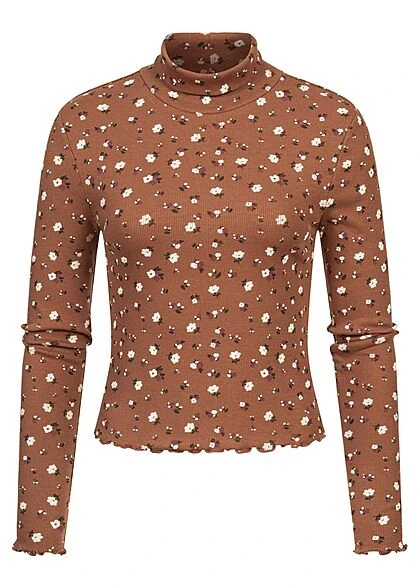 ONLY Damen Kurzes Rollkragen Longsleeve Frill Blumen Muster Carob Braun 3 ONLY Damen Kurzes Rollkragen Longsleeve Frill Blumen Muster Carob Braun