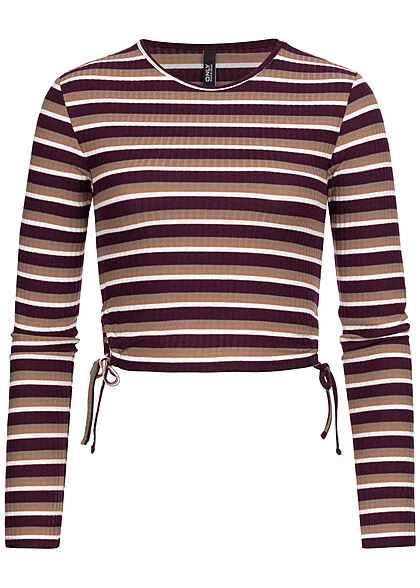 ONLY Damen Cropped Longsleeve Cut-Outs Bindedetails Streifen Muster Tannin Braun Beige 3 ONLY Damen Cropped Longsleeve Cut-Outs Bindedetails Streifen Muster Tannin Braun Beige