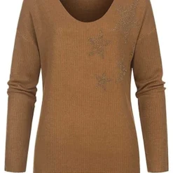 Styleboom Fashion Damen Longsleeve Pullover Mit Sternenmuster Strass Braun