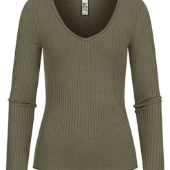 JACQUELINE DE YONG JDY By ONLY Damen Ribbed V-Neck Longsleeve Frill Kalamata Oliv Grün