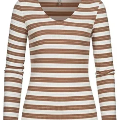 ONLY Damen V-Neck Lurex Longsleeve Glitzer Streifen Cloud Dancer Weiss Burro Braun