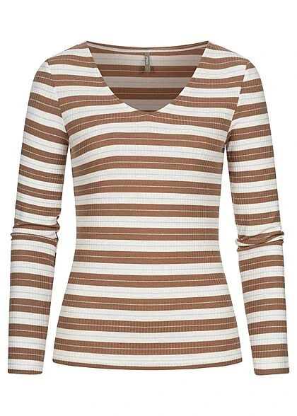 ONLY Damen V-Neck Lurex Longsleeve Glitzer Streifen Cloud Dancer Weiss Burro Braun 3 ONLY Damen V-Neck Lurex Longsleeve Glitzer Streifen Cloud Dancer Weiss Burro Braun