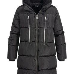 ONLY Damen Langer Winter Puffermantel Steppjacke Kapuze 4-Pockets Schwarz
