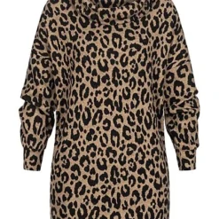 Clodus Damen Pullover Mit Rollkragen Longsleeve Leo Print Beige