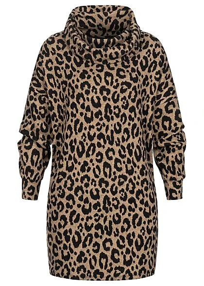 Clodus Damen Pullover Mit Rollkragen Longsleeve Leo Print Beige 3 Clodus Damen Pullover Mit Rollkragen Longsleeve Leo Print Beige