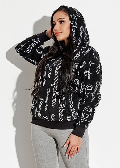 Champion Damen Fleece Hoodie Mit Kapuze & AOP Logo Print Schwarz Weiss 3 Champion Damen Fleece Hoodie Mit Kapuze & AOP Logo Print Schwarz Weiss