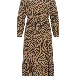 Styleboom Fashion Damen Viskose Maxi Kleid AOP Animal Bindegürtel Schwarz Braun