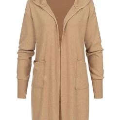 Styleboom Fashion Damen Cardigan Mit Kapuze 2-Pockets Camel Braun