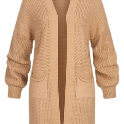 Styleboom Fashion Damen Struktur Strickcardigan Mit 2 Taschen Beige