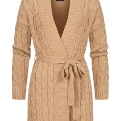 Styleboom Fashion Damen Midi Struktur Cardigan Mit Bindegürtel Beige