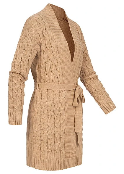 Styleboom Fashion Damen Midi Struktur Cardigan Mit Bindegürtel Beige 4 Styleboom Fashion Damen Midi Struktur Cardigan Mit Bindegürtel Beige – Bild 2