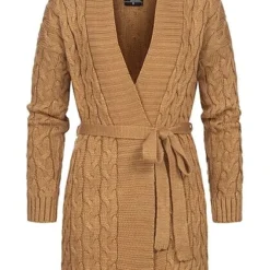 Styleboom Fashion Damen Midi Struktur Cardigan Mit Bindegürtel Camel Braun