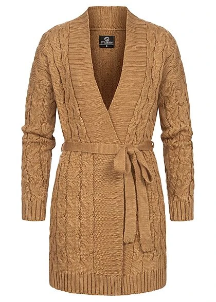 Styleboom Fashion Damen Midi Struktur Cardigan Mit Bindegürtel Camel Braun 3 Styleboom Fashion Damen Midi Struktur Cardigan Mit Bindegürtel Camel Braun