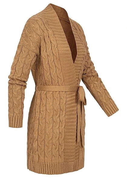 Styleboom Fashion Damen Midi Struktur Cardigan Mit Bindegürtel Camel Braun 4 Styleboom Fashion Damen Midi Struktur Cardigan Mit Bindegürtel Camel Braun – Bild 2