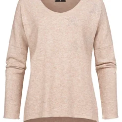 Styleboom Fashion Damen Sweater V-Neck Strasssteine Sternenmuster Beige