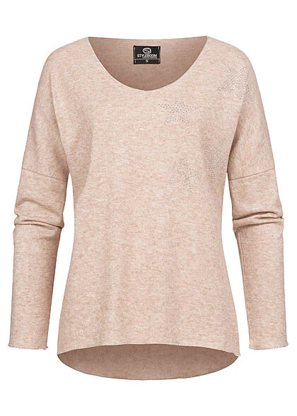 Styleboom Fashion Damen Sweater V-Neck Strasssteine Sternenmuster Beige 3 Styleboom Fashion Damen Sweater V-Neck Strasssteine Sternenmuster Beige