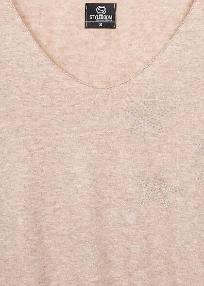 Styleboom Fashion Damen Sweater V-Neck Strasssteine Sternenmuster Beige 5 Styleboom Fashion Damen Sweater V-Neck Strasssteine Sternenmuster Beige – Bild 3