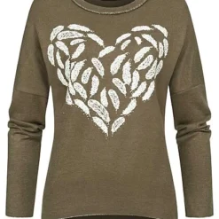 Styleboom Fashion Damen Sweater Mit Federn Print Und Strasssteinen Oliv Grün