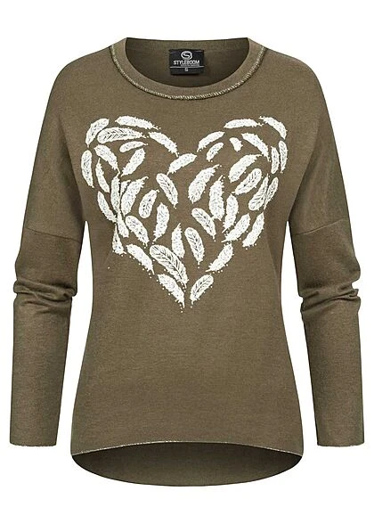 Styleboom Fashion Damen Sweater Mit Federn Print Und Strasssteinen Oliv Grün 3 Styleboom Fashion Damen Sweater Mit Federn Print Und Strasssteinen Oliv Grün