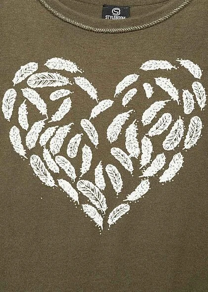 Styleboom Fashion Damen Sweater Mit Federn Print Und Strasssteinen Oliv Grün 5 Styleboom Fashion Damen Sweater Mit Federn Print Und Strasssteinen Oliv Grün – Bild 3