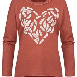 Styleboom Fashion Damen Sweater Mit Federn Print Und Strasssteinen Rost Rot