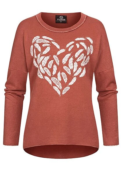 Styleboom Fashion Damen Sweater Mit Federn Print Und Strasssteinen Rost Rot 3 Styleboom Fashion Damen Sweater Mit Federn Print Und Strasssteinen Rost Rot