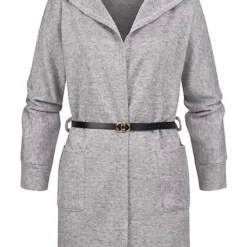 Styleboom Fashion Damen Cardigan Mit Kapuze Und Gürtel 2-Pockets Silber Grau