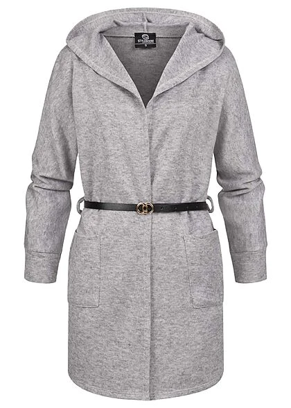 Styleboom Fashion Damen Cardigan Mit Kapuze Und Gürtel 2-Pockets Silber Grau 3 Styleboom Fashion Damen Cardigan Mit Kapuze Und Gürtel 2-Pockets Silber Grau