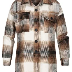 Styleboom Fashion Damen Shacket Hemdjacke Zick Zack Muster 2 Brusttaschen Braun