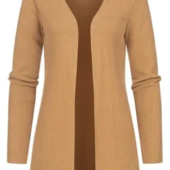 Styleboom Fashion Damen Ribbed Cardigan Mit Offenem Schnitt Beige
